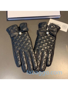Chanel Quilted Lambskin and Cashmere Pearl Bow Gloves 12 Black 2020