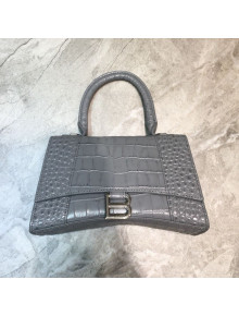 Balenciaga Hourglass Small Top Handle Bag in Crocodile Embossed Leather Grey/Silver 2019