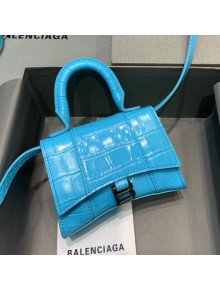 Balenciaga Hourglass Mini Nano Top Handle Bag in Crocodile Embossed Calfskin Azur Blue 2021