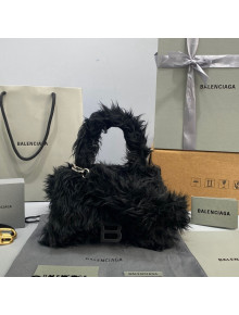 Balenciaga Hourglass Small Top Handle Bag in Black Rabbit Fur 2021