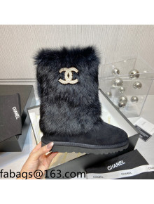 Chanel Suede&Rabbit Fur &Wool Lining Short Boots Black 2021 111185