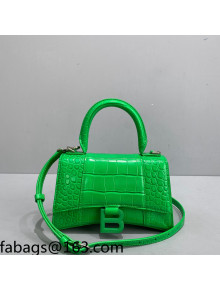 Balenciaga Hourglass Mini Top Handle Bag in Shiny Crocodile Leather All Green 2021