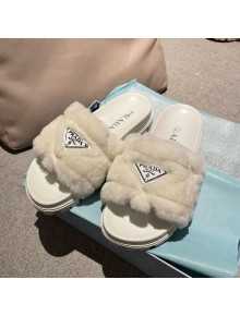 Prada Wool Flat Mule Sandals White 2021