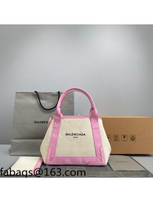 Balenciaga Navy Small Cabas Bag in Cotton Canvas and Calfskin Light Beige/Pink 2021