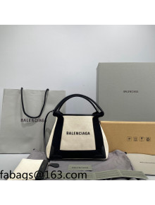 Balenciaga Navy XS Cabas Bag in Cotton Canvas and Calfskin Light Beige/Black 2021