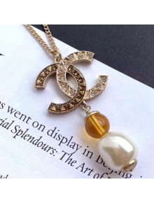 Chanel Pearls Pendant Short Necklace Amber AB1493 Yellow/Pearly White 2019