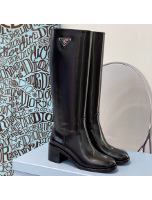 Prada Brushed Leather High-Leg Boots Black 2021