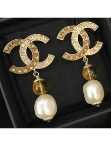 Chanel Pearls Pendant Short Earrings Amber AB1493 Yellow/Pearly White 2019