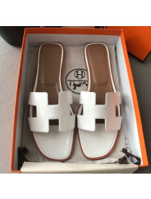 Hermes Patent Calfskin Leather Oran H Flat Slipper Sandals White