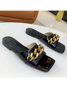 Versace Shiny Leather Chain Flat Slide Sandals Black 2021