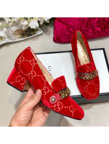 Gucci Sylvie Chain GG Velvet Mid-heel Pump ‎525082 Red 2019
