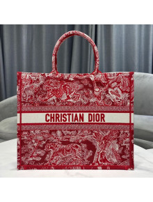 Dior Large Book Tote Bag in Red Toile de Jouy Embroidery 2021