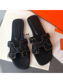 Hermes Oran Crystal Suede Slide Sandal Black 2021 03