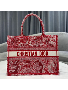 Dior Small Book Tote Bag in Red Toile de Jouy Embroidery 2021