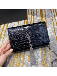 Saint Laurent Kate Small Chain and Tassel Bag in Crocodile Embossed Leather 474366 Black/Silver 2020