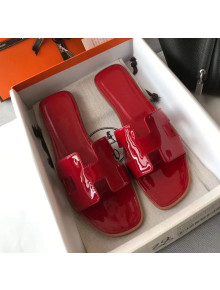 Hermes Patent Calfskin Leather Oran H Flat Slipper Sandals Deep Red 02