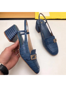 Fendi Crocodile Pattern Calfskin Promenade Slingbacks Loafers With 6cm Heel Blue 2020