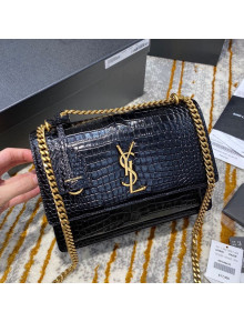 Saint Laurent Sunset Medium Bag in Crocodile Embossed Shiny Leather 442906 Black/Gold 2020