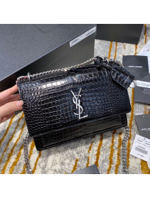 Saint Laurent Sunset Medium Bag in Crocodile Embossed Shiny Leather 442906 Black/Silver 2020