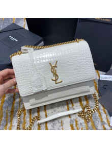 Saint Laurent Sunset Medium Bag in Crocodile Embossed Shiny Leather 442906 White/Gold 2020