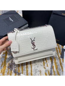 Saint Laurent Sunset Medium Bag in Crocodile Embossed Shiny Leather 442906 White/Silver 2020