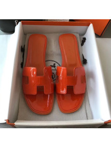 Hermes Patent Calfskin Leather Oran H Flat Slipper Sandals Orange