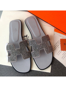 Hermes Oran Crystal Suede Slide Sandal Silver 2021 16