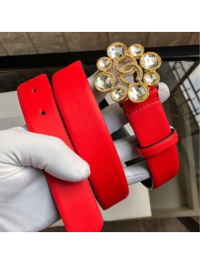 Chanel Calfskin Belt with Crystal Bloom Buckle 30mm Bright Red