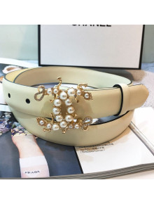 Chanel Leather Belt with Pearls CC Buckle 25mm White
