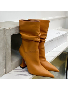 Amina Muaddi Pleated Calfskin Short Boots 9.5cm Brown 2021 111207
