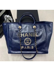 Chanel Waxy Calfskin Shopping Bag With Metal Logo Blue 2020