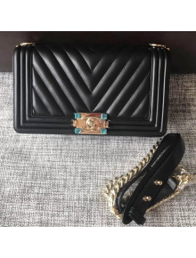 Chanel Chevron Calfskin Medium BOY CHANEL Handbag with Gold-tone Metal Black 2018