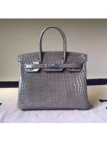 Hermes Birkin 30/35 Imported Crocodile Leather Bag Dark Gray(SHW)