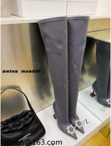 Amina Muaddi Lycra Over-Knee High Boots 9.5cm with Crystal Charm Storm Grey 2021