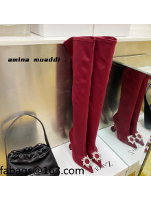 Amina Muaddi Lycra Over-Knee High Boots 9.5cm with Crystal Charm Red 2021  