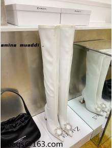 Amina Muaddi Lycra Over-Knee High Boots 9.5cm with Crystal Charm White 2021