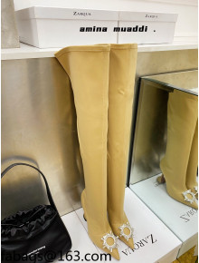 Amina Muaddi Lycra Over-Knee High Boots 9.5cm with Crystal Charm Yellow 2021