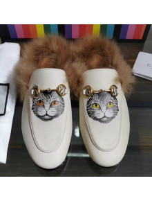 Gucci Princetown Calfskin Wool Slipper with Mystic Cat Print White 2019
