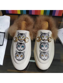 Gucci Princetown Calfskin Wool Slipper with Mystic Cats White 2019