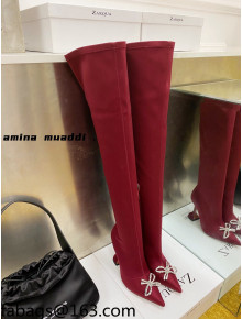 Amina Muaddi Lycra Over-Knee High Boots 9.5cm with Crystal Bow Red 2021