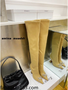 Amina Muaddi Lycra Over-Knee High Boots 9.5cm with Crystal Bow Yellow 2021