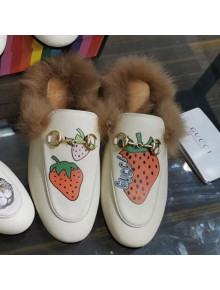 Gucci Princetown Calfskin Wool Slipper with Gucci Strawberry Print White 2019