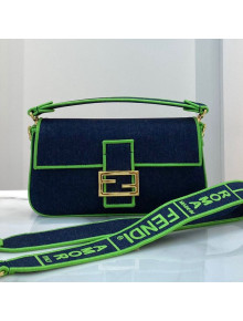 Fendi Baguette Medium Denim Flap Bag Dark Blue/Green 2021