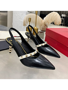 Valentino Roman Stud Calfskin Slingback Pumps with Sculpted Heel and Strap Black/White 2020