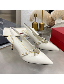 Valentino Roman Stud Calfskin Slingback Pumps with Sculpted Heel and Strap White/Gold 2020