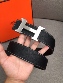 Hermes Litchi Grained Calfskin Belt 4 cm with H Buckle Black 2021 01