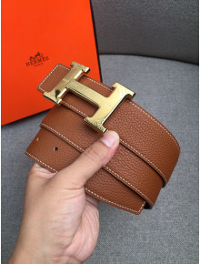 Hermes Litchi Grained Calfskin Belt 4 cm with H Buckle Brown 2021