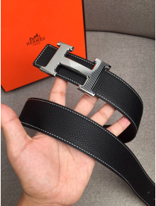 Hermes Litchi Grained Calfskin Belt 4 cm with H Buckle Black 2021 02