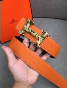 Hermes Litchi Grained Calfskin Belt 4 cm with H Buckle Orange 2021