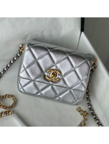 Chanel Lambskin Mini Sqaure Flap Bag with Metal Side Logo AS2734 Silver 2021